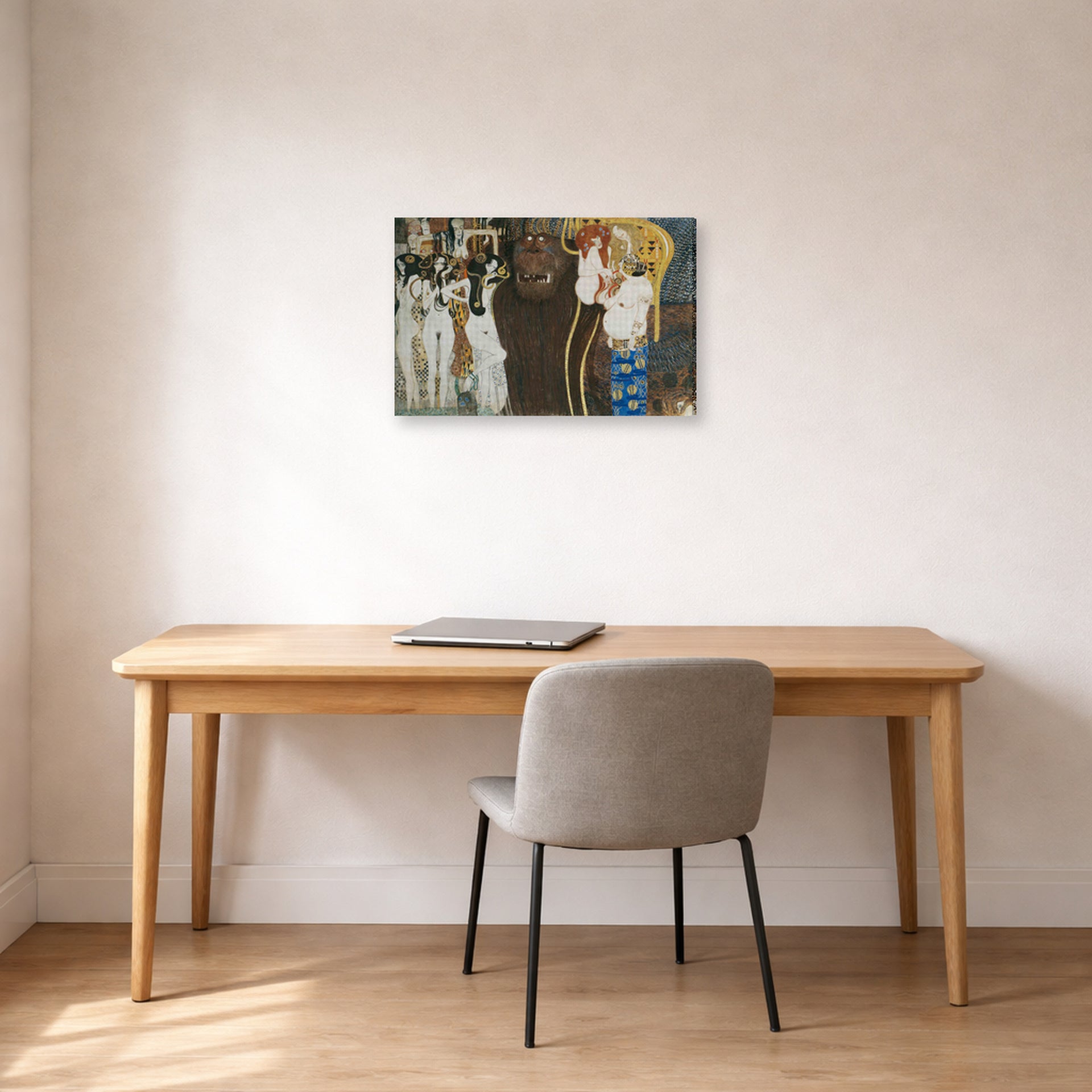 Gallery-wrapped canvas print of Gustav Klimt's 'Beethoven Frieze' displayed on a wall in an office