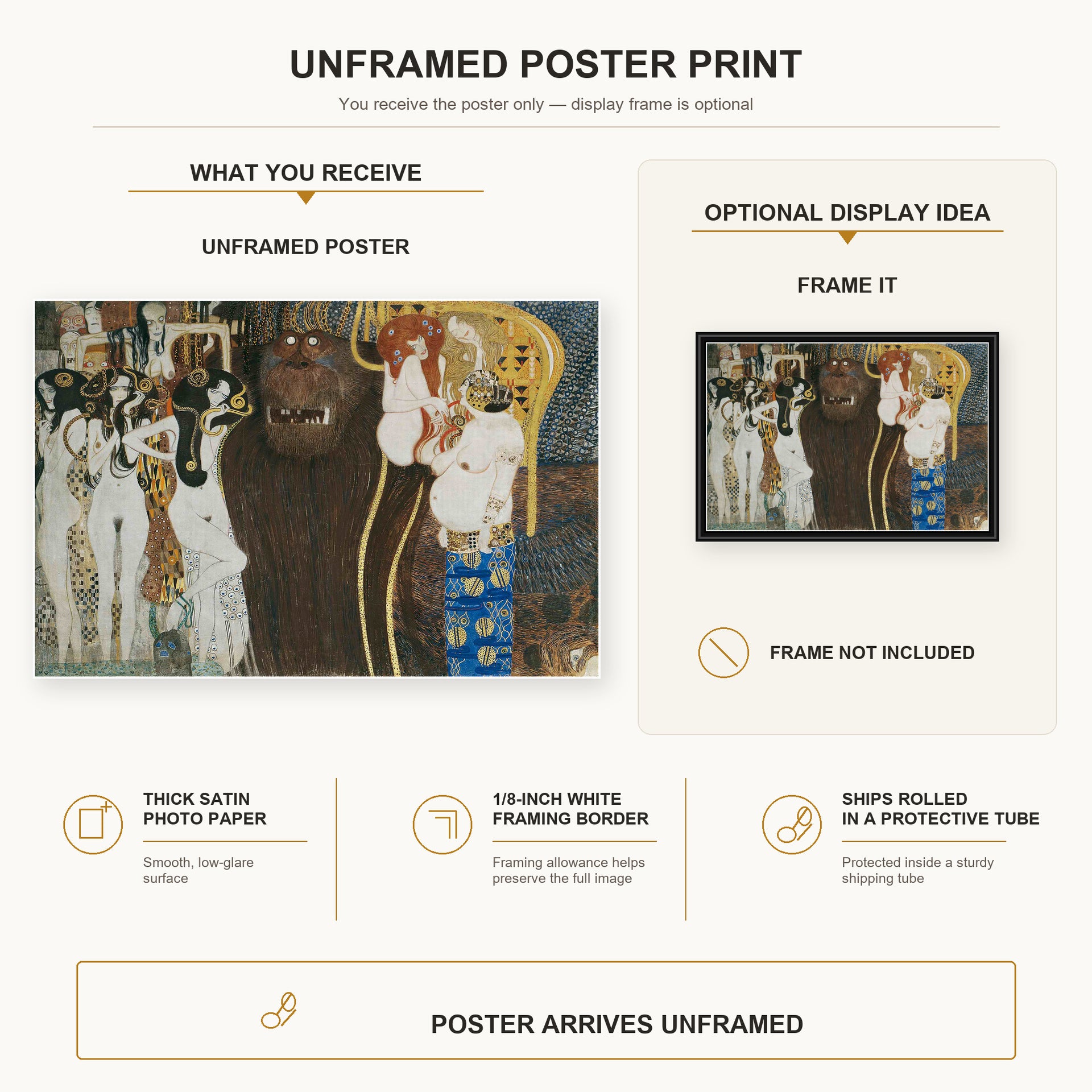 Gustav Klimt - Beethoven Frieze poster print size comparison and framing display infographic