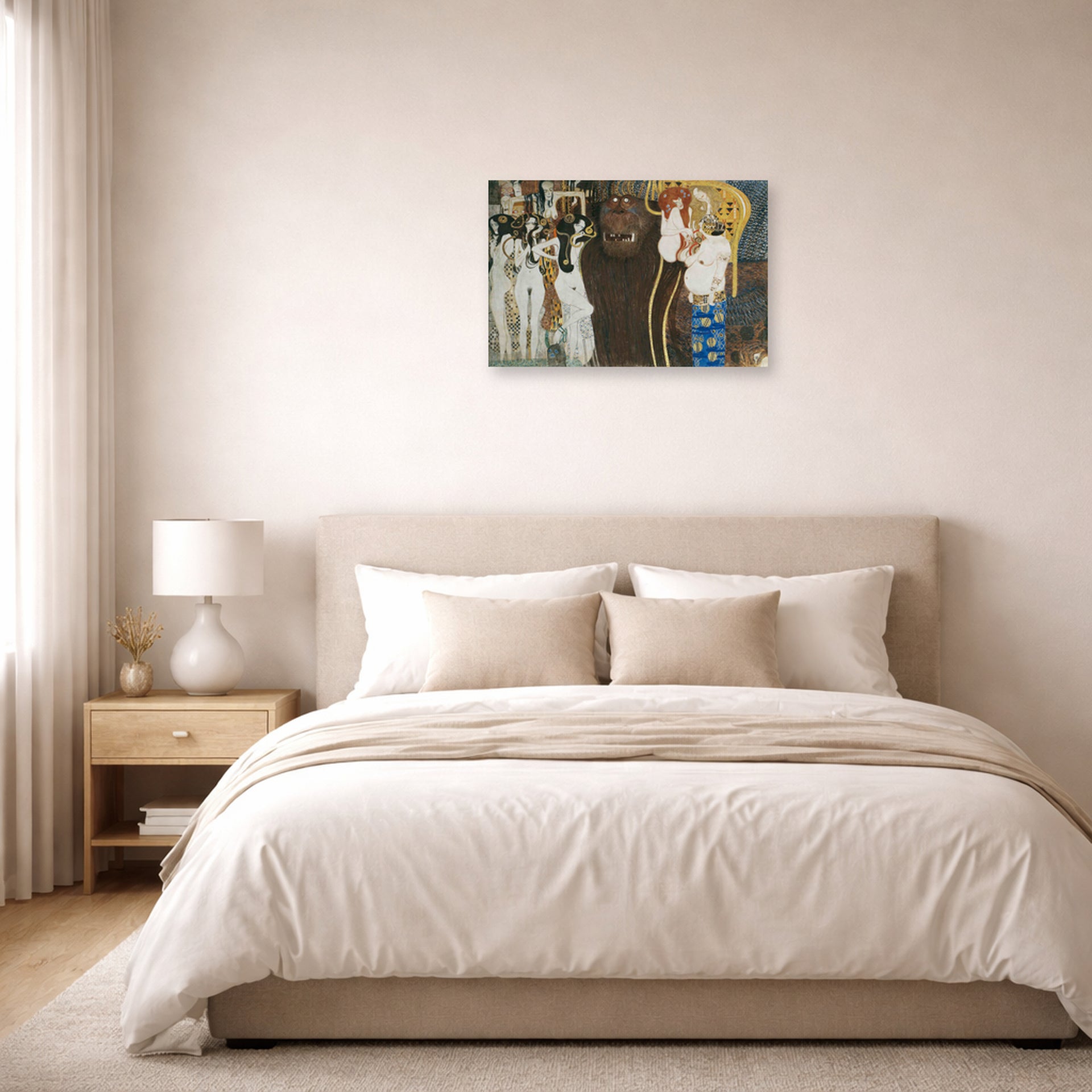 Unframed poster print of Gustav Klimt's 'Beethoven Frieze' displayed on a wall in a bedroom