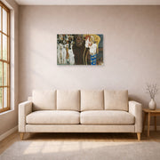 Unframed poster print of Gustav Klimt's 'Beethoven Frieze' displayed on a wall in a living room (image 1 of 2)
