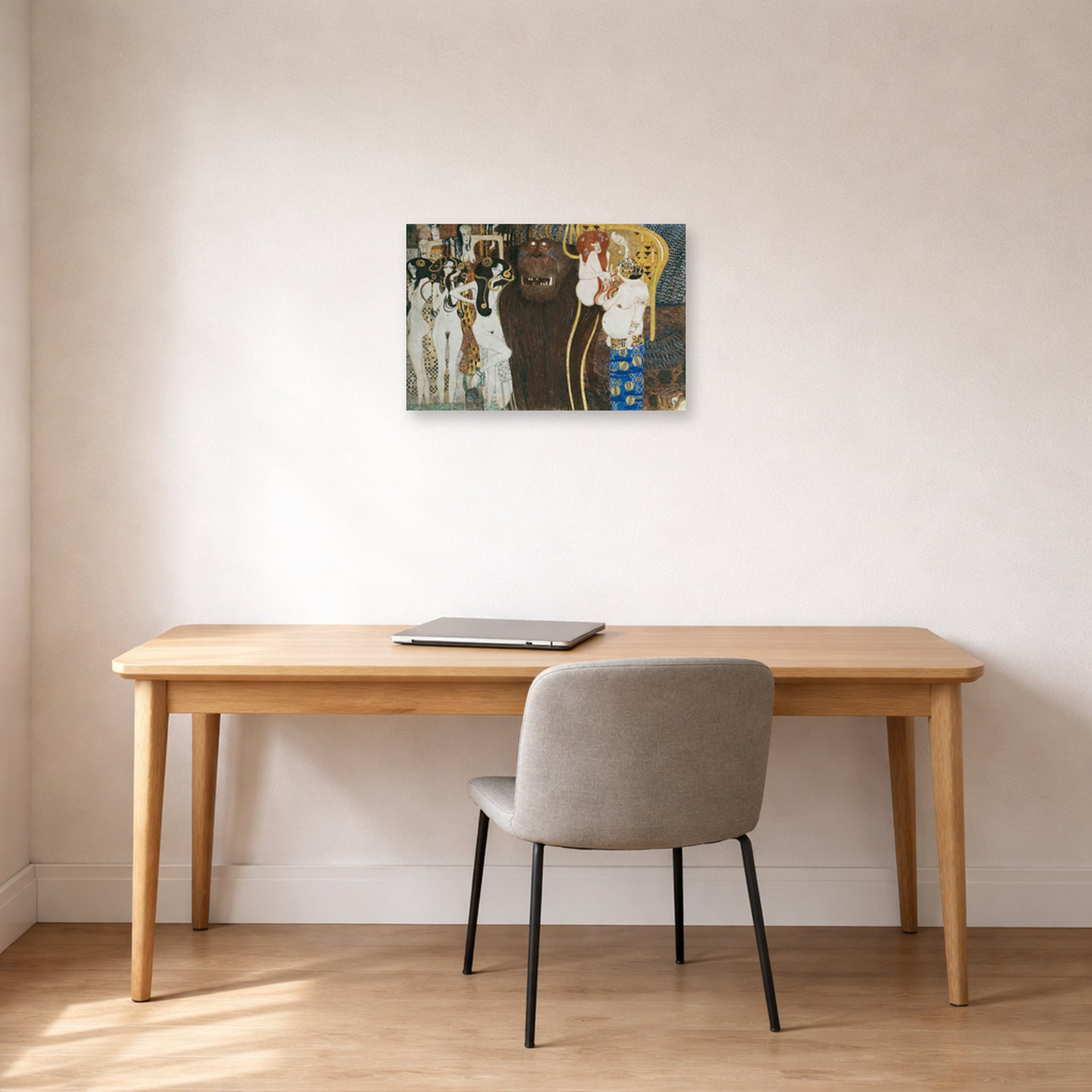 Unframed poster print of Gustav Klimt's 'Beethoven Frieze' displayed on a wall in an office