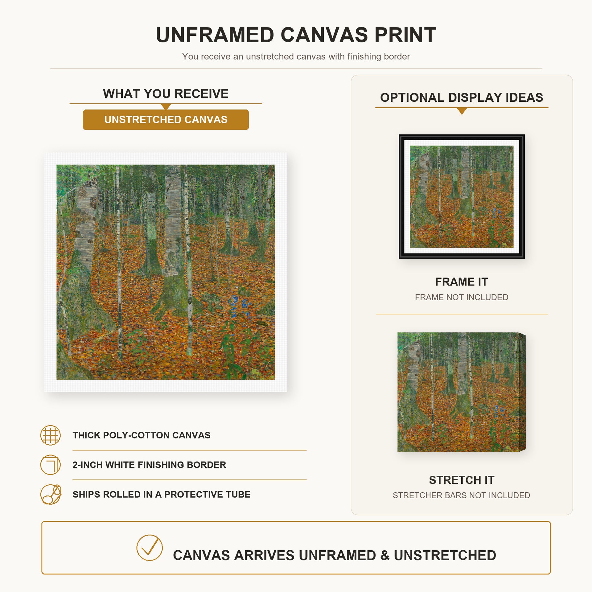 Gustav Klimt - Birch Forest canvas print size comparison and framing display infographic