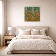 Gallery-wrapped canvas print of Gustav Klimt's 'Birch Forest' displayed on a wall in a bedroom
