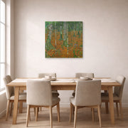 Gallery-wrapped canvas print of Gustav Klimt's 'Birch Forest' displayed on a wall in a dining room