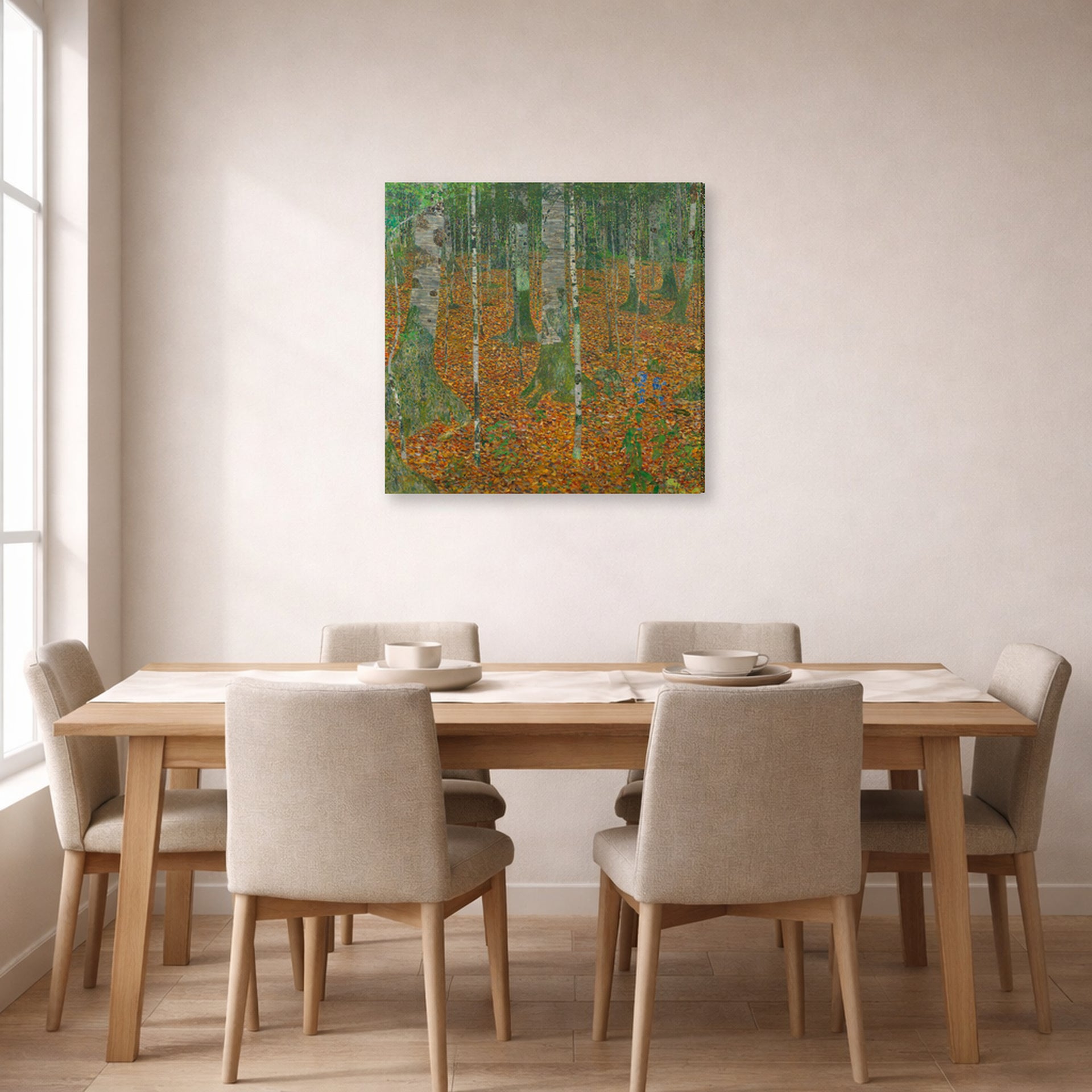 Gallery-wrapped canvas print of Gustav Klimt's 'Birch Forest' displayed on a wall in a dining room