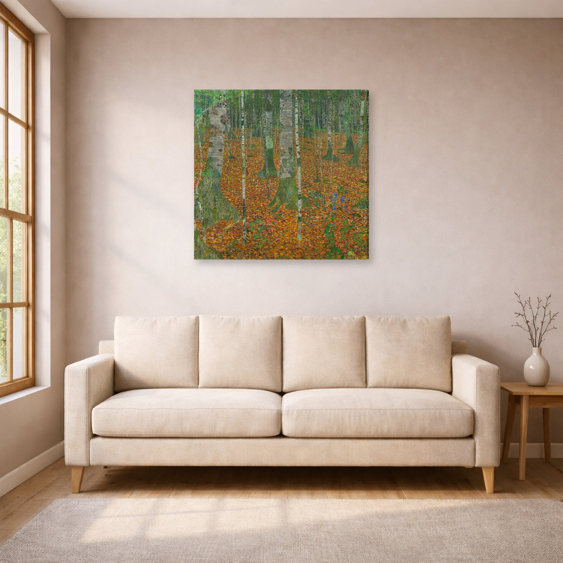 Gallery-wrapped canvas print of Gustav Klimt's 'Birch Forest' displayed on a wall in a living room (image 1 of 2)