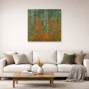 Gallery-wrapped canvas print of Gustav Klimt's 'Birch Forest' displayed on a wall in a living room (image 2 of 2)
