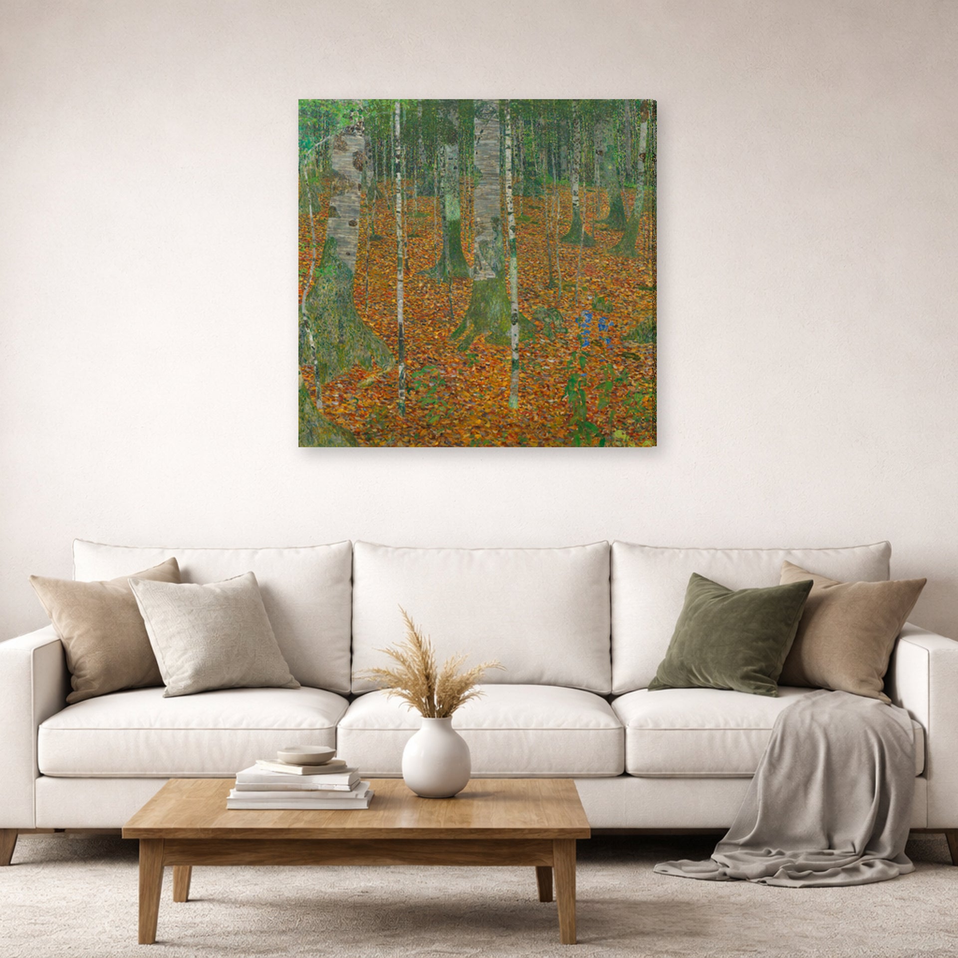 Gallery-wrapped canvas print of Gustav Klimt's 'Birch Forest' displayed on a wall in a living room (image 2 of 2)