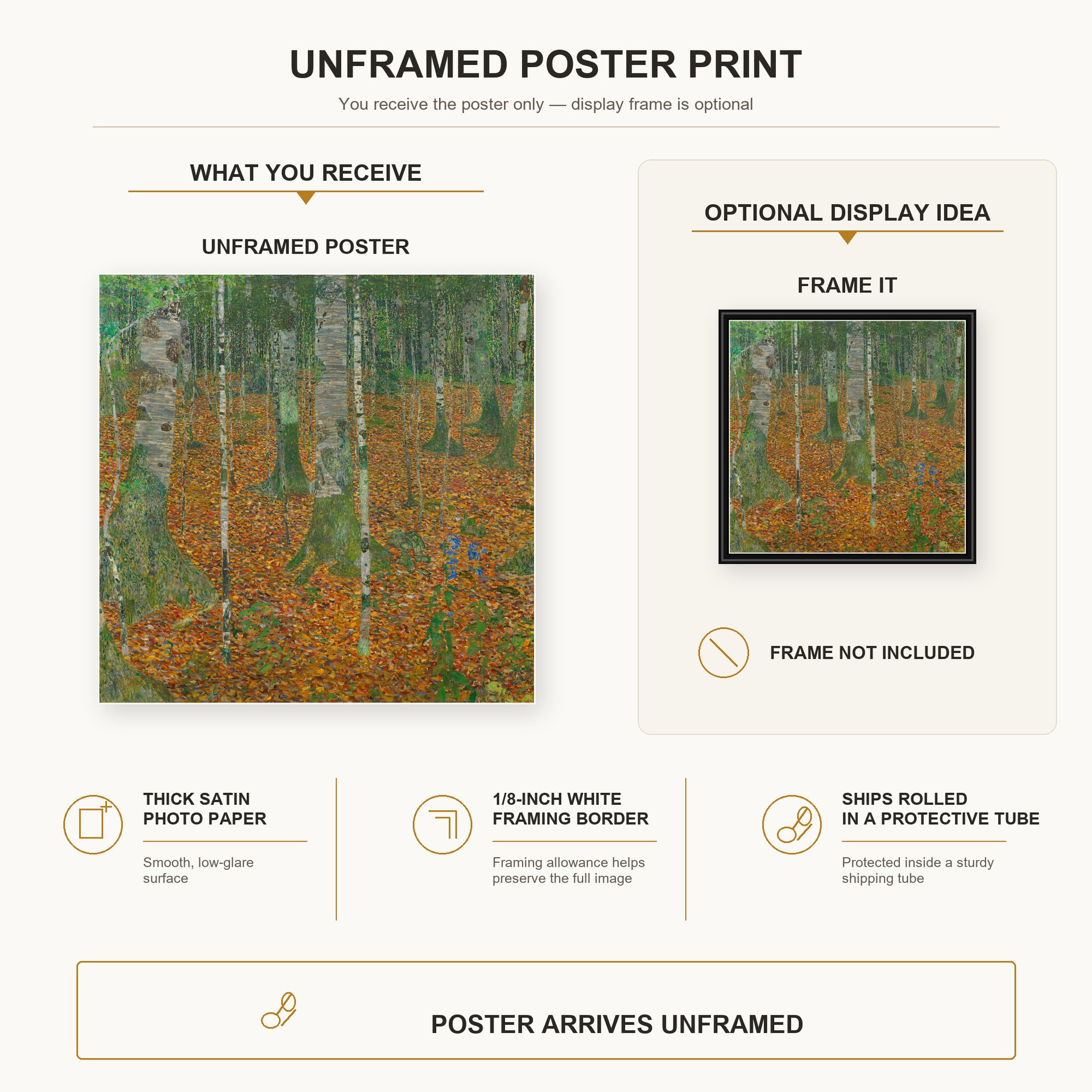 Gustav Klimt - Birch Forest poster print size comparison and framing display infographic