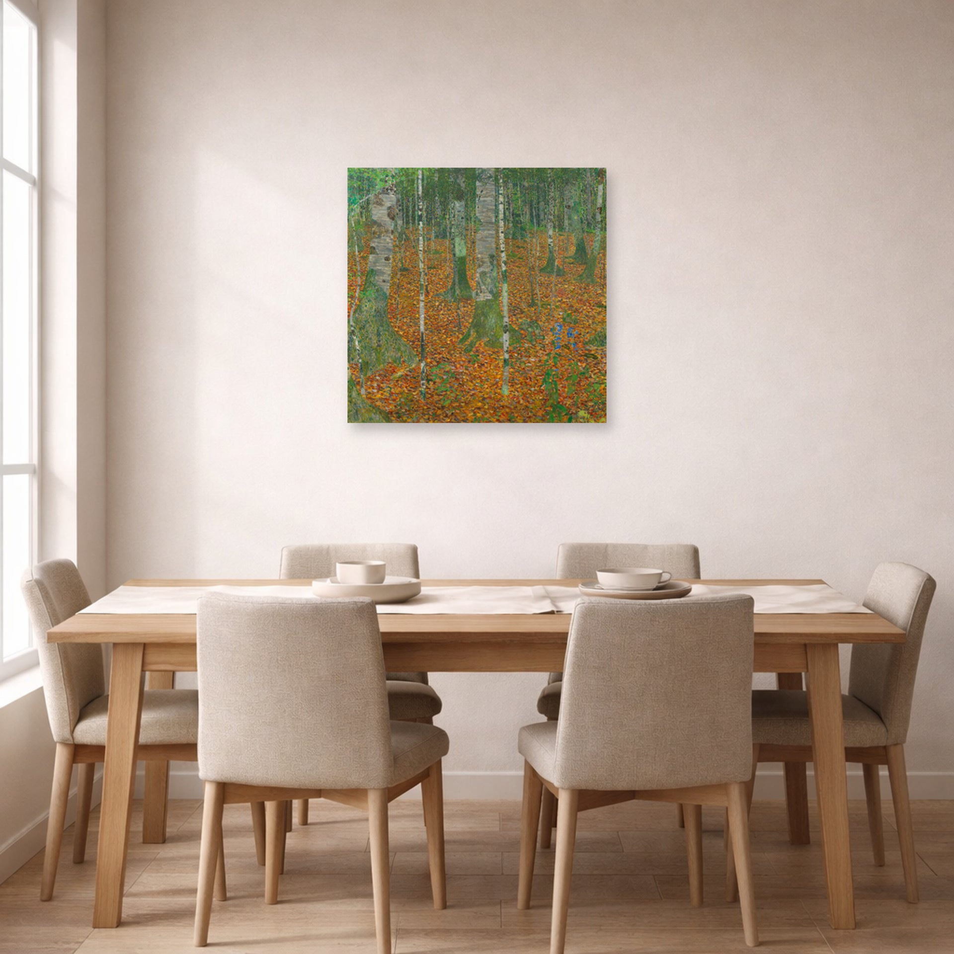 Unframed poster print of Gustav Klimt's 'Birch Forest' displayed on a wall in a dining room