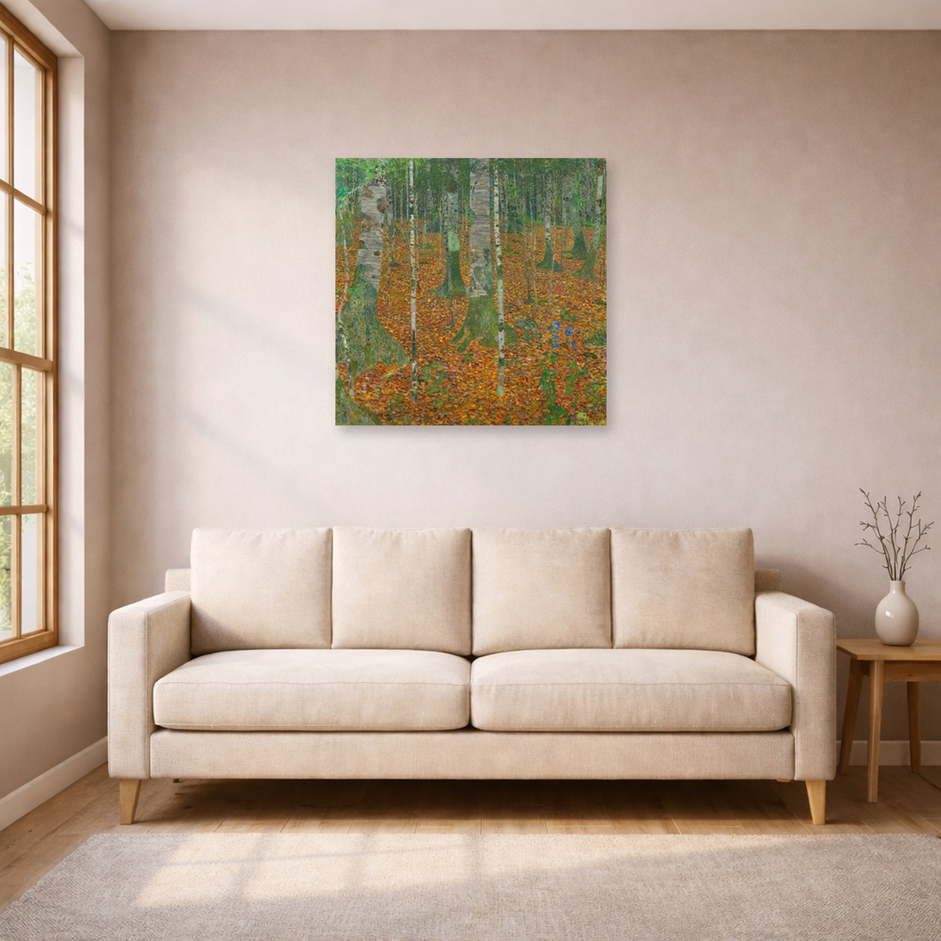 Unframed poster print of Gustav Klimt's 'Birch Forest' displayed on a wall in a living room (image 1 of 2)