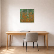 Unframed poster print of Gustav Klimt's 'Birch Forest' displayed on a wall in an office