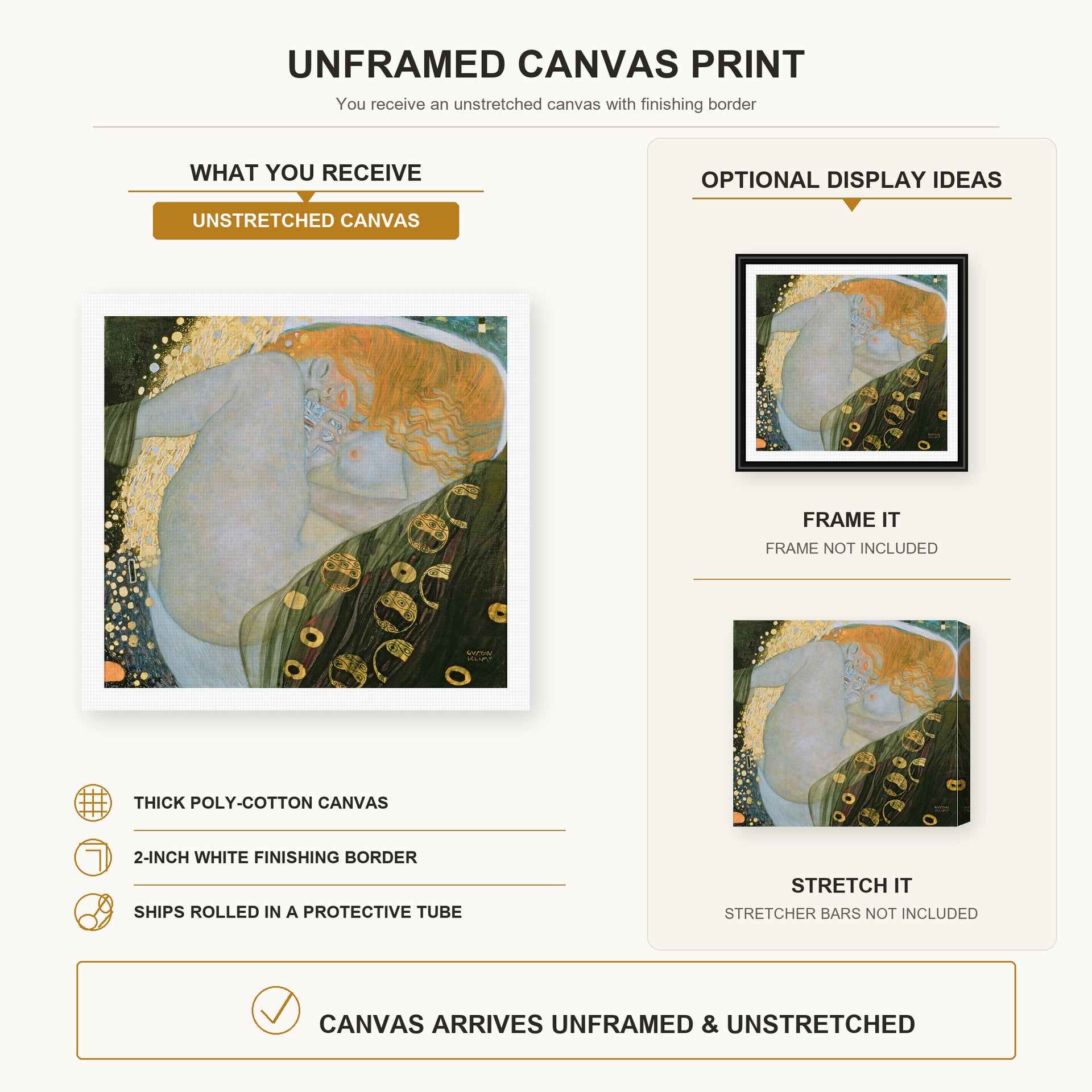 Gustav Klimt - Danae canvas print size comparison and framing display infographic