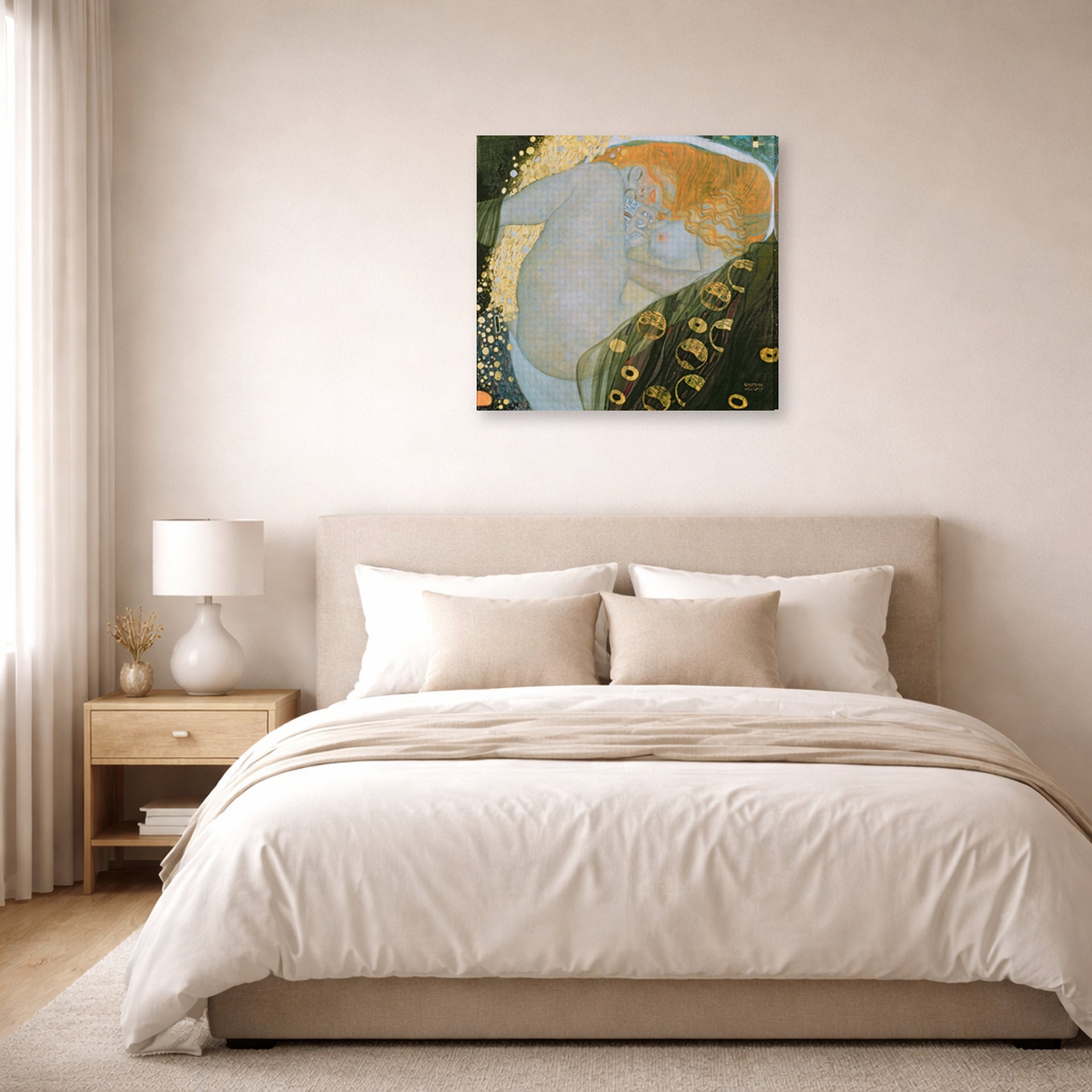Gallery-wrapped canvas print of Gustav Klimt's 'Danae' displayed on a wall in a bedroom