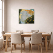 Gallery-wrapped canvas print of Gustav Klimt's 'Danae' displayed on a wall in a dining room