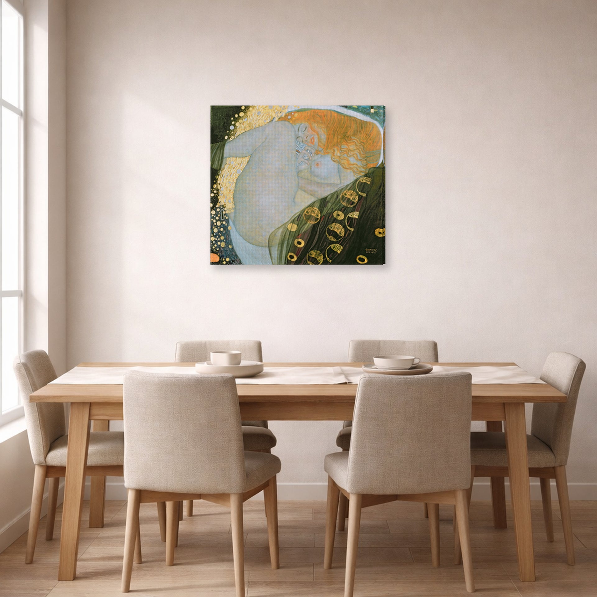 Gallery-wrapped canvas print of Gustav Klimt's 'Danae' displayed on a wall in a dining room