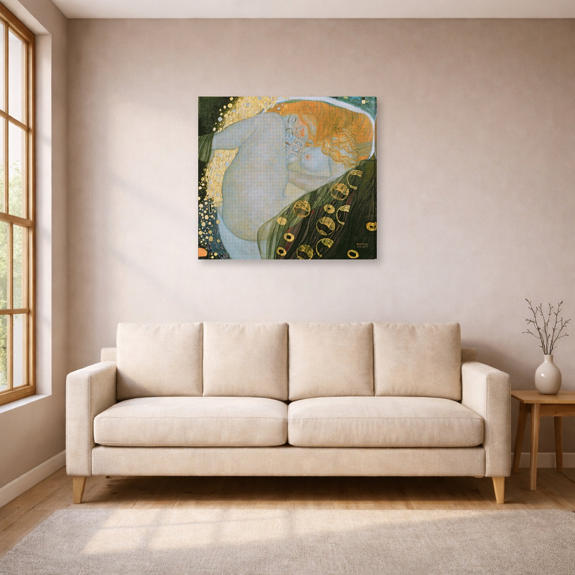 Gallery-wrapped canvas print of Gustav Klimt's 'Danae' displayed on a wall in a living room (image 1 of 2)