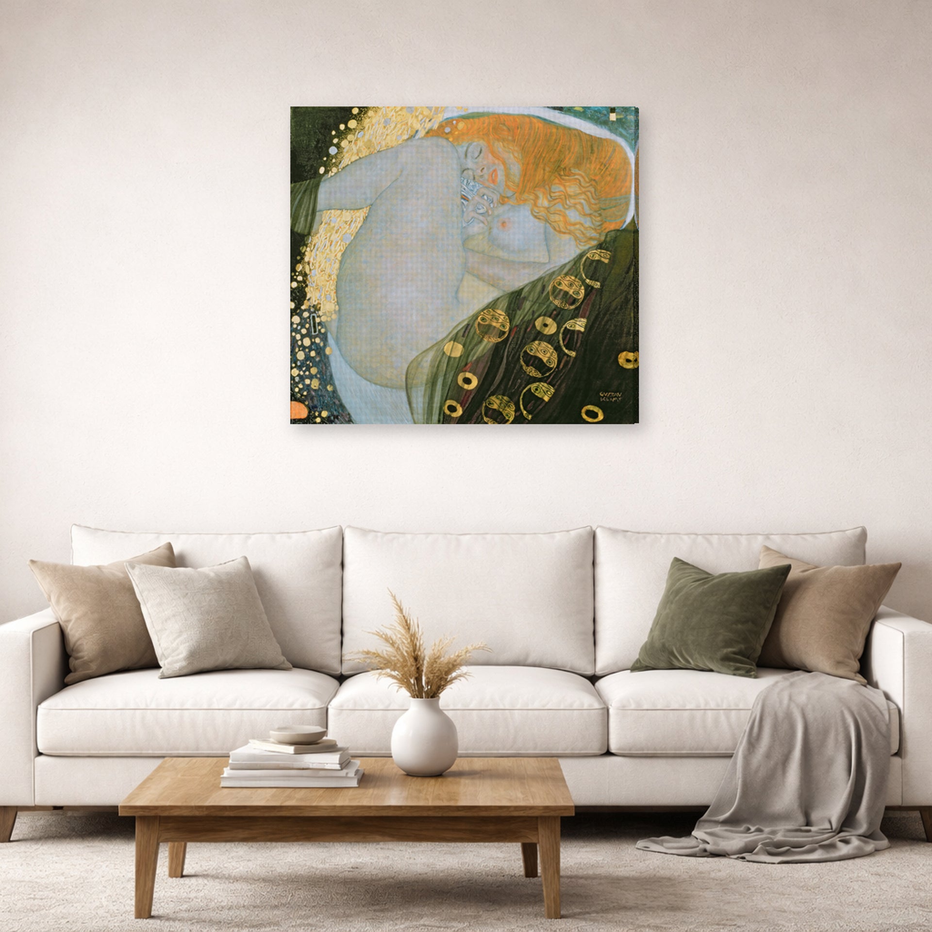 Gallery-wrapped canvas print of Gustav Klimt's 'Danae' displayed on a wall in a living room (image 2 of 2)