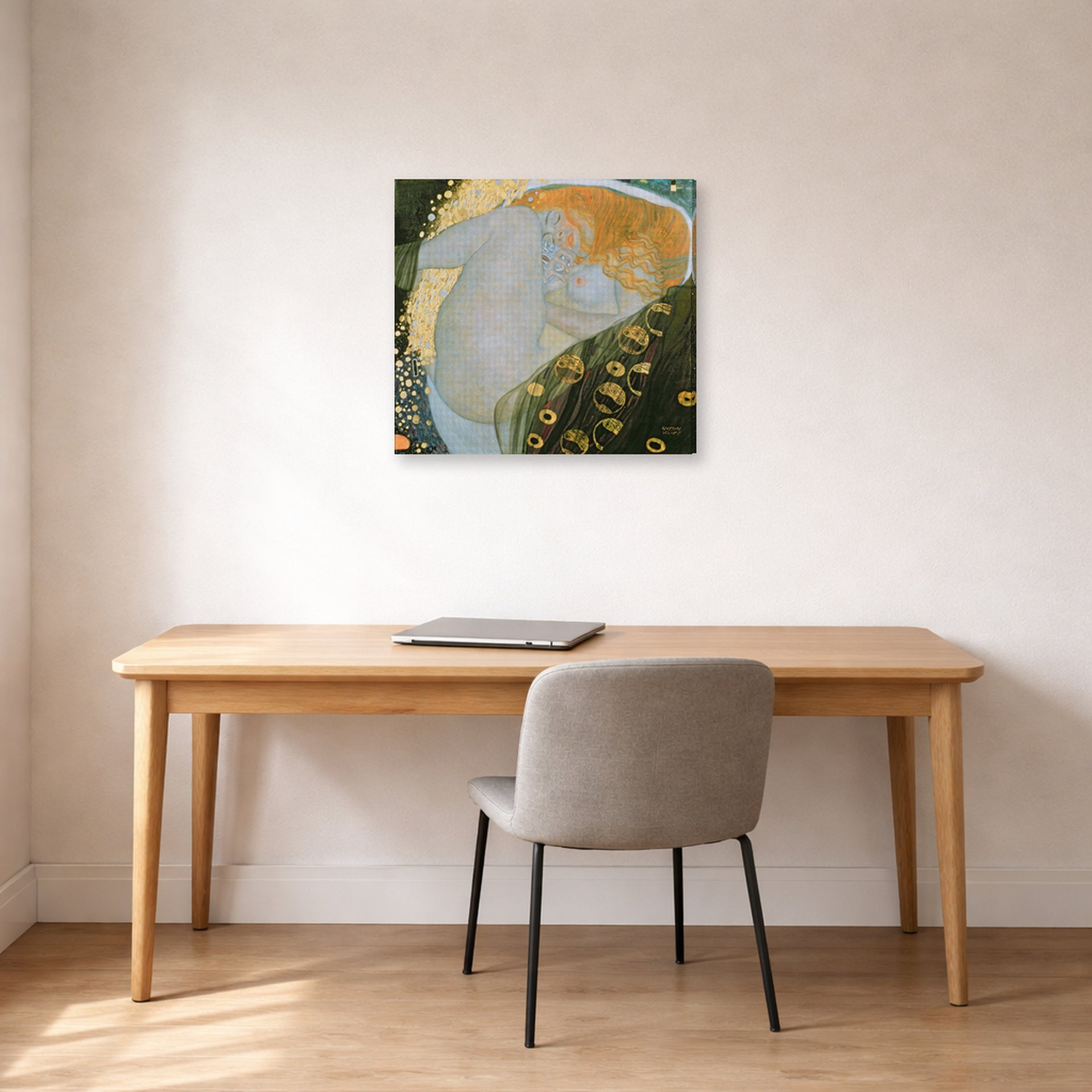 Gallery-wrapped canvas print of Gustav Klimt's 'Danae' displayed on a wall in an office