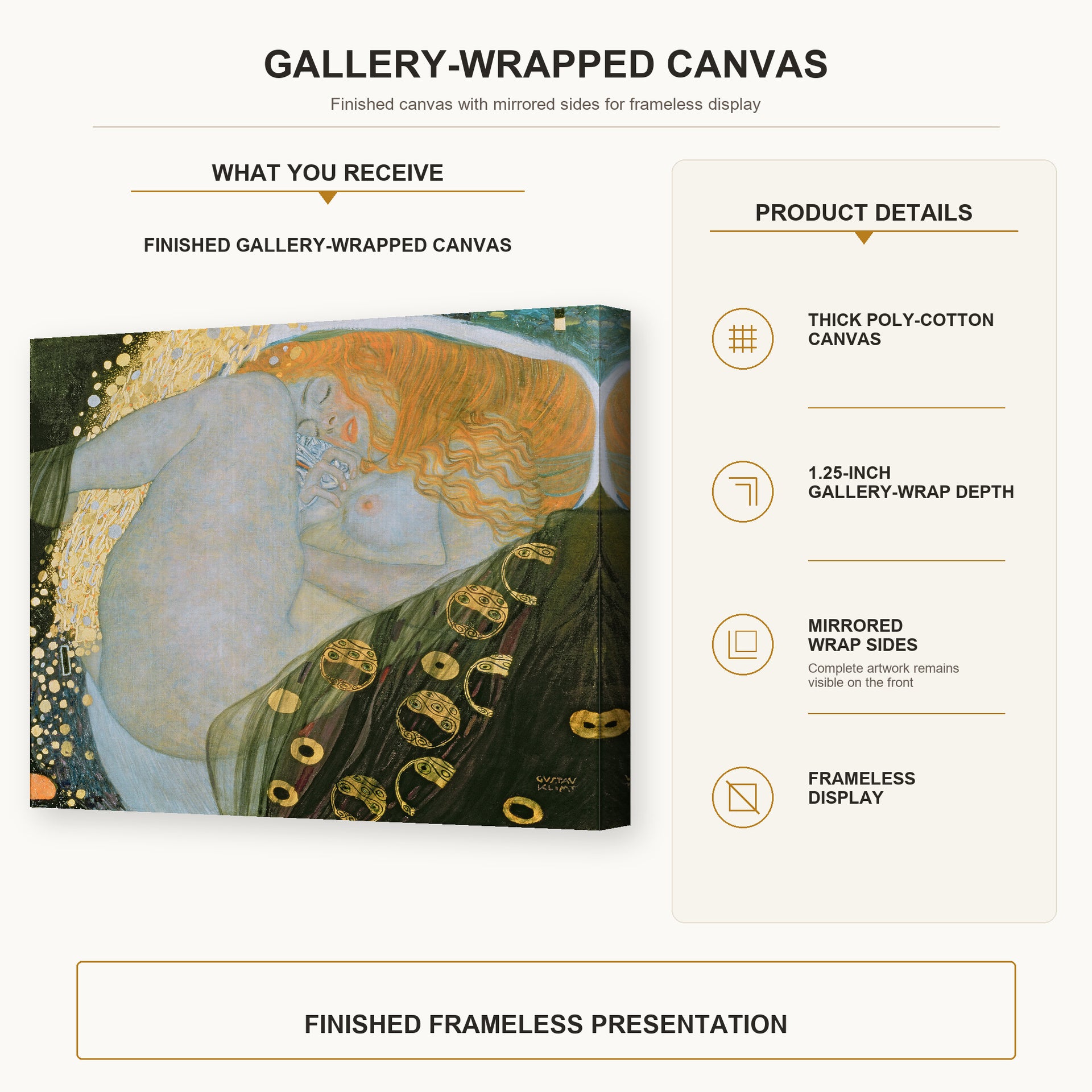 Gustav Klimt - Danae gallery wrap canvas construction and hanging details infographic