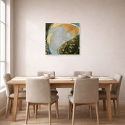 Unframed poster print of Gustav Klimt's 'Danae' displayed on a wall in a dining room