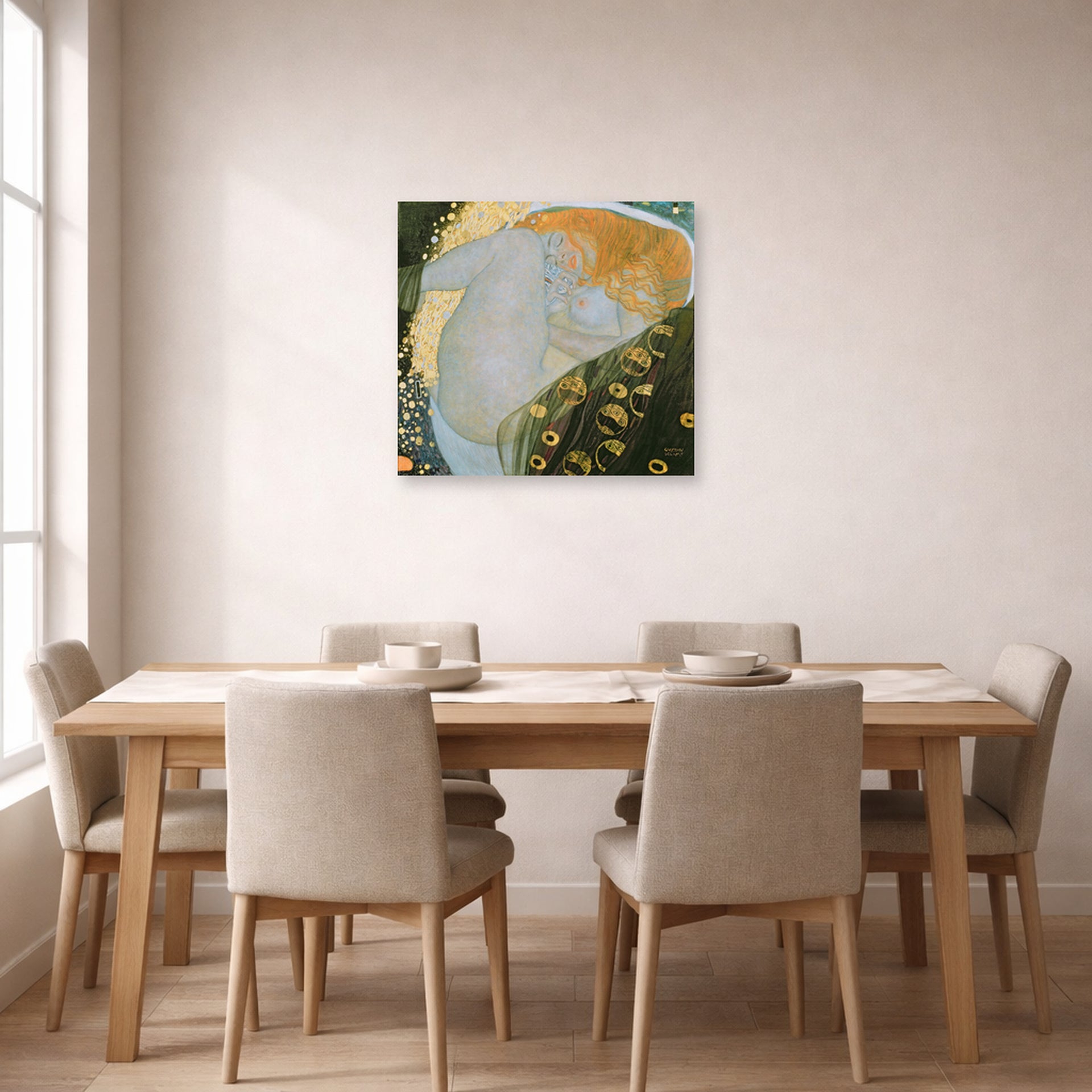 Unframed poster print of Gustav Klimt's 'Danae' displayed on a wall in a dining room