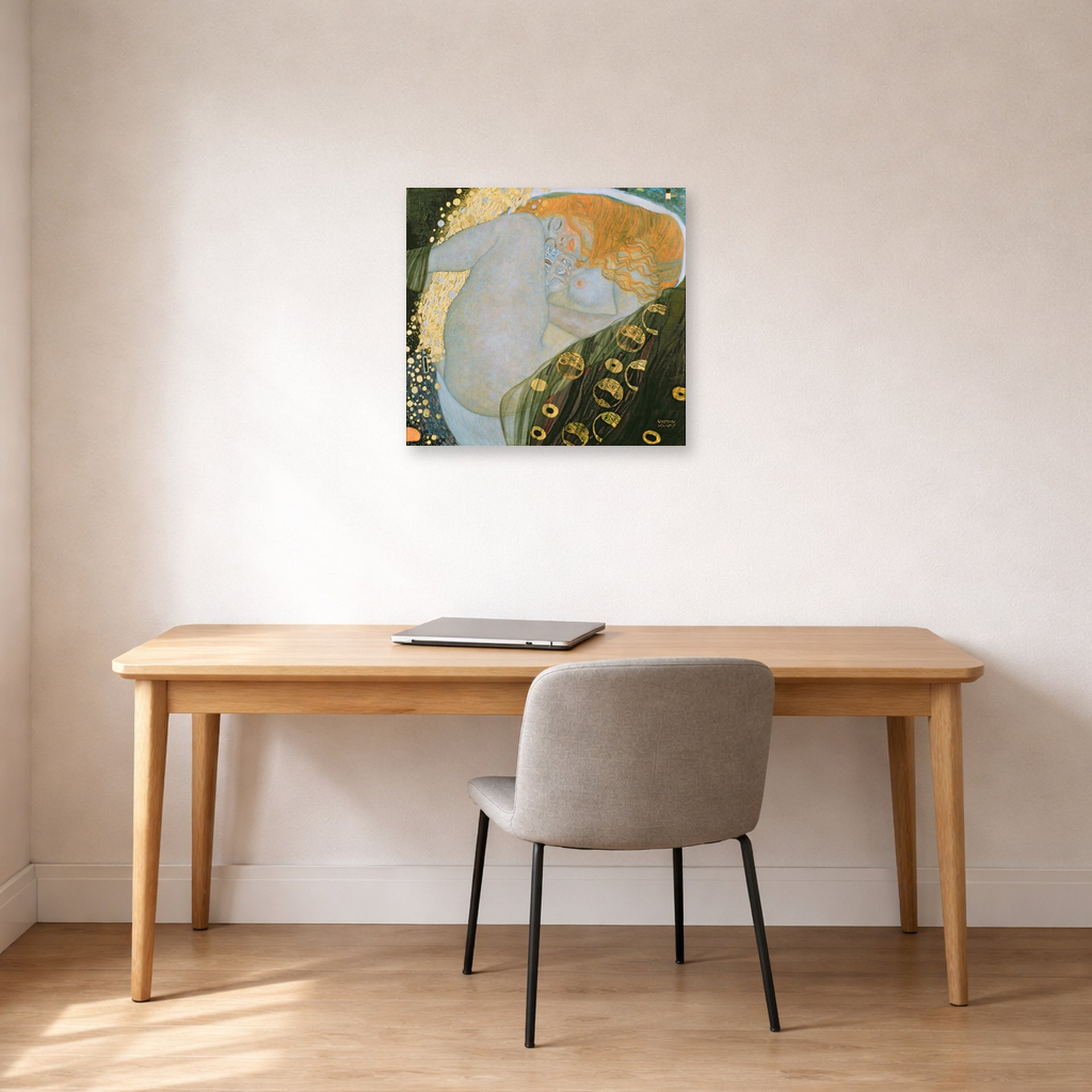Unframed poster print of Gustav Klimt's 'Danae' displayed on a wall in an office