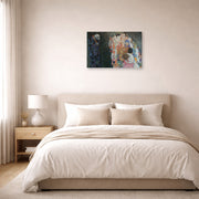 Gallery-wrapped canvas print of Gustav Klimt's 'Death and Life' displayed on a wall in a bedroom