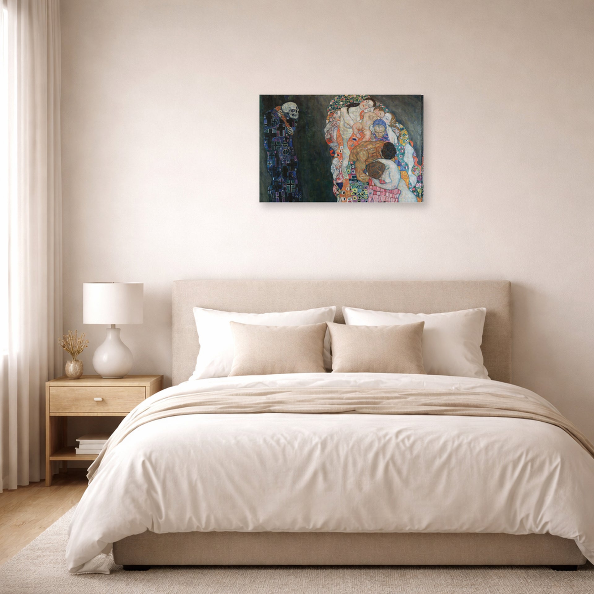 Gallery-wrapped canvas print of Gustav Klimt's 'Death and Life' displayed on a wall in a bedroom