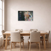 Gallery-wrapped canvas print of Gustav Klimt's 'Death and Life' displayed on a wall in a dining room