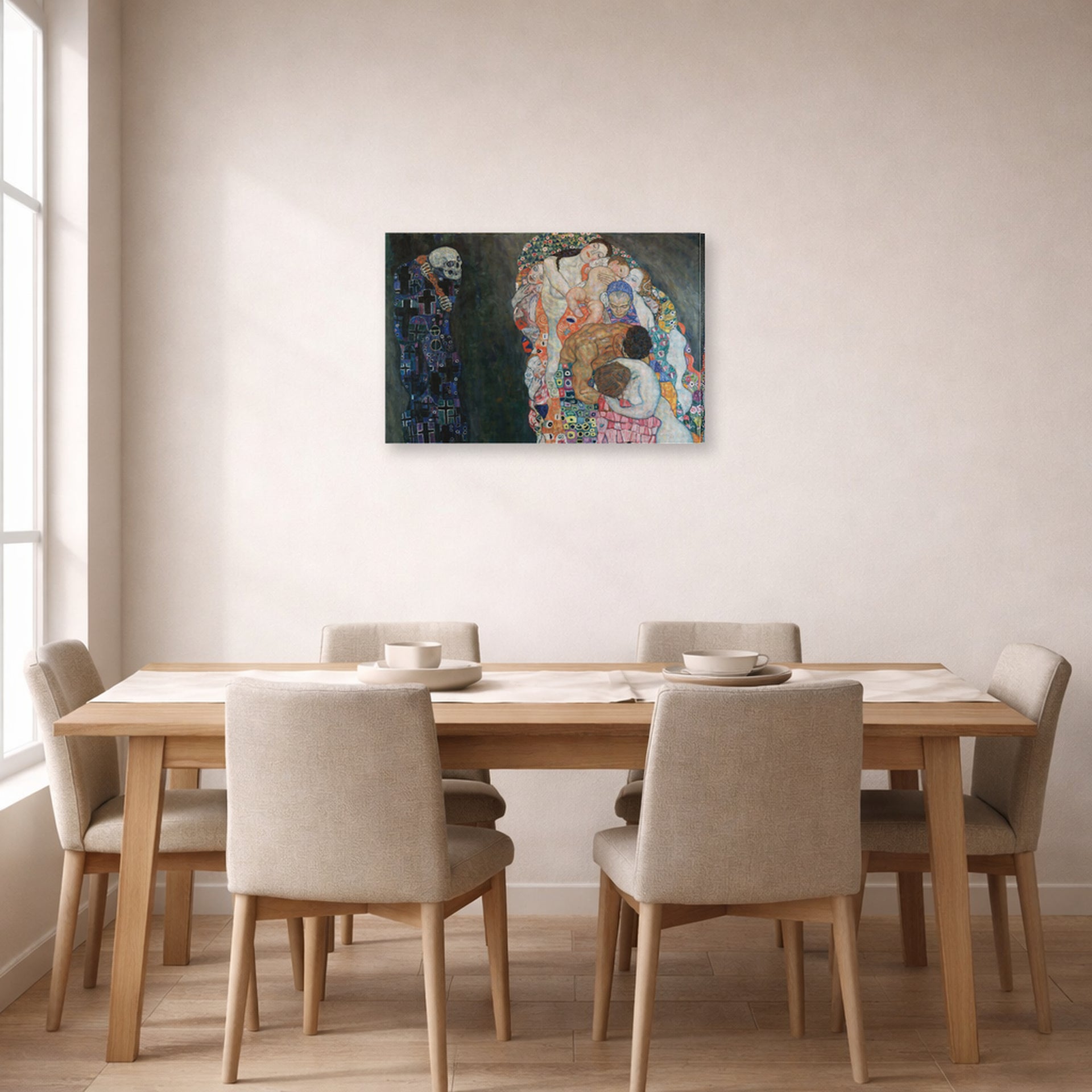 Gallery-wrapped canvas print of Gustav Klimt's 'Death and Life' displayed on a wall in a dining room