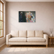 Gallery-wrapped canvas print of Gustav Klimt's 'Death and Life' displayed on a wall in a living room (image 1 of 2)