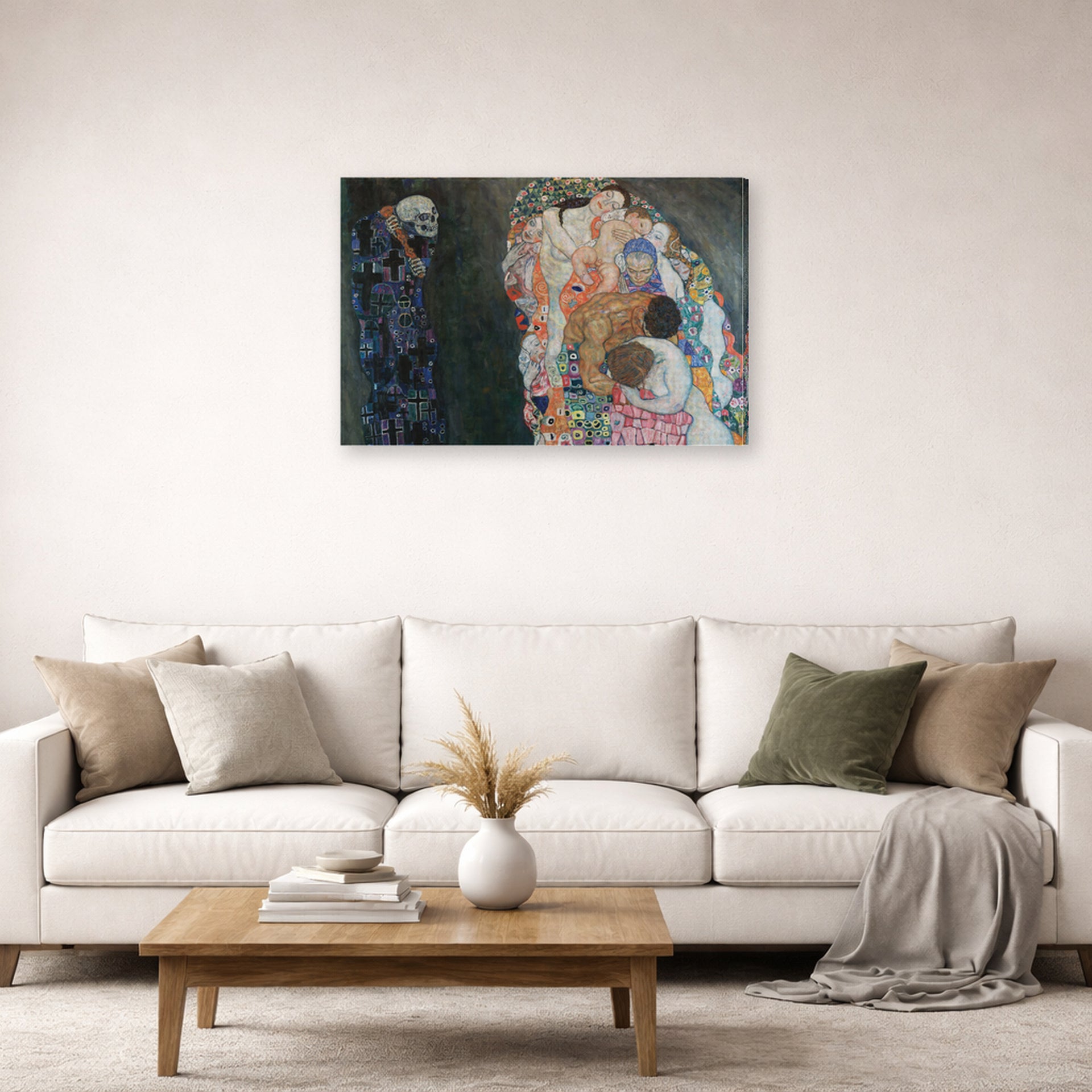 Gallery-wrapped canvas print of Gustav Klimt's 'Death and Life' displayed on a wall in a living room (image 2 of 2)