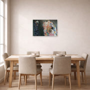 Unframed poster print of Gustav Klimt's 'Death and Life' displayed on a wall in a dining room