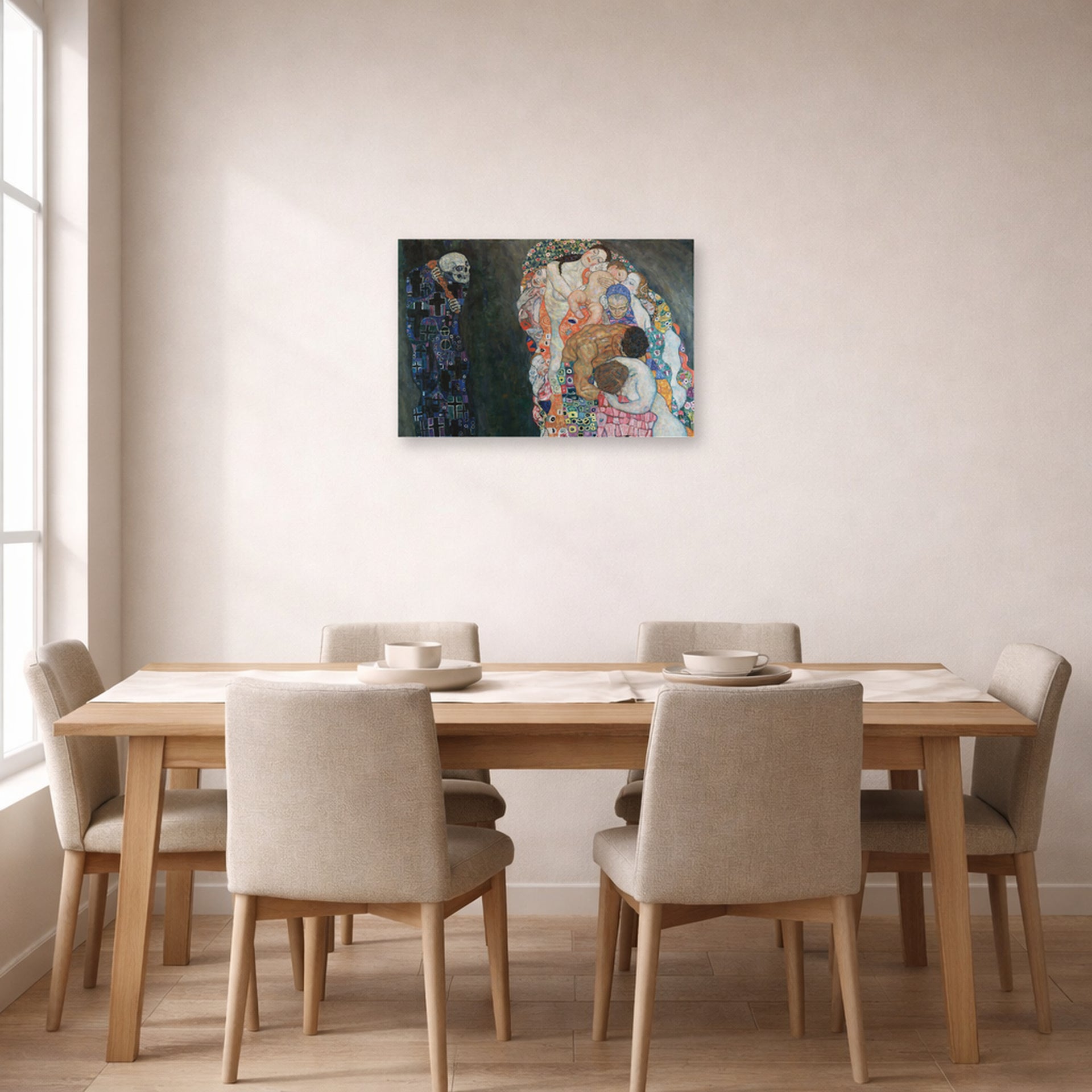 Unframed poster print of Gustav Klimt's 'Death and Life' displayed on a wall in a dining room