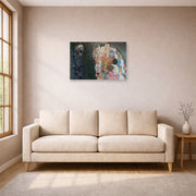 Unframed poster print of Gustav Klimt's 'Death and Life' displayed on a wall in a living room (image 1 of 2)