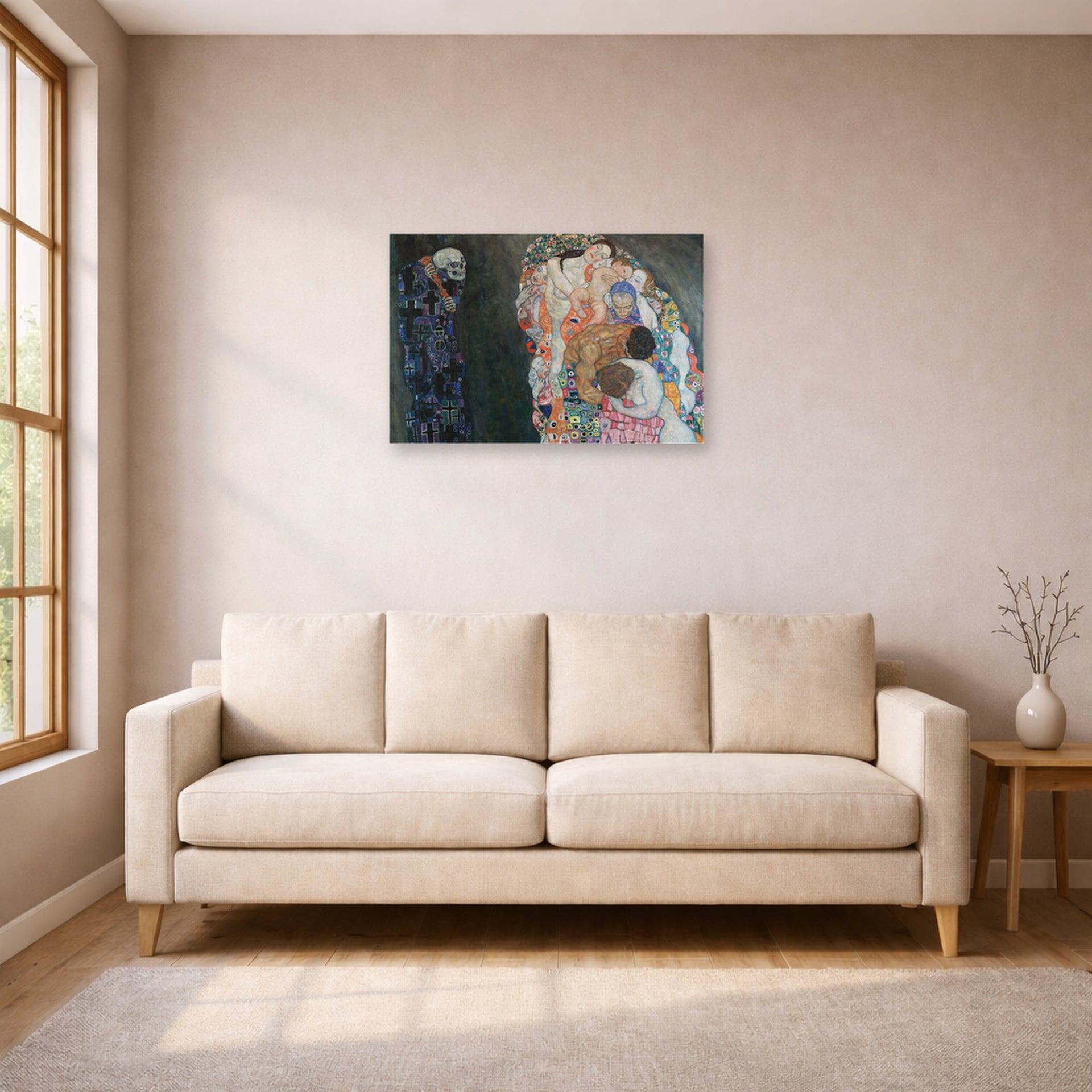 Unframed poster print of Gustav Klimt's 'Death and Life' displayed on a wall in a living room (image 1 of 2)