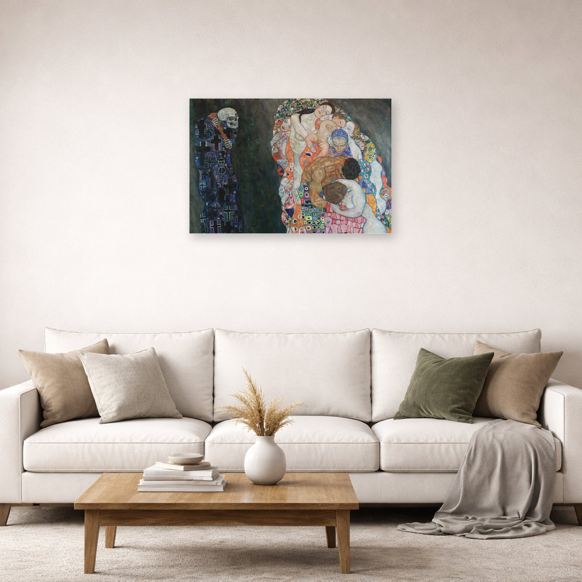 Unframed poster print of Gustav Klimt's 'Death and Life' displayed on a wall in a living room (image 2 of 2)