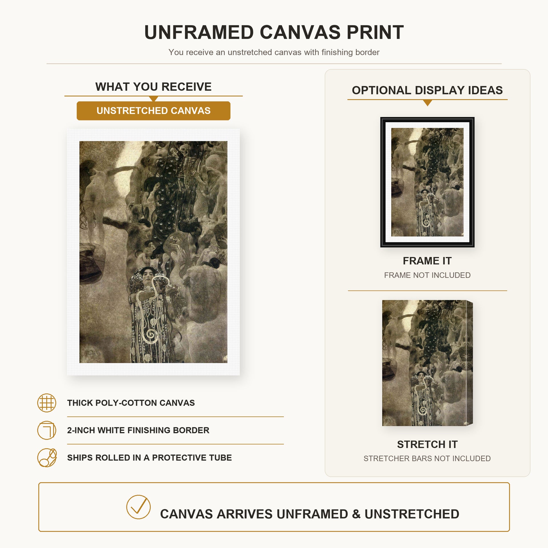 Gustav Klimt - Faculty Paintings canvas print size comparison and framing display infographic
