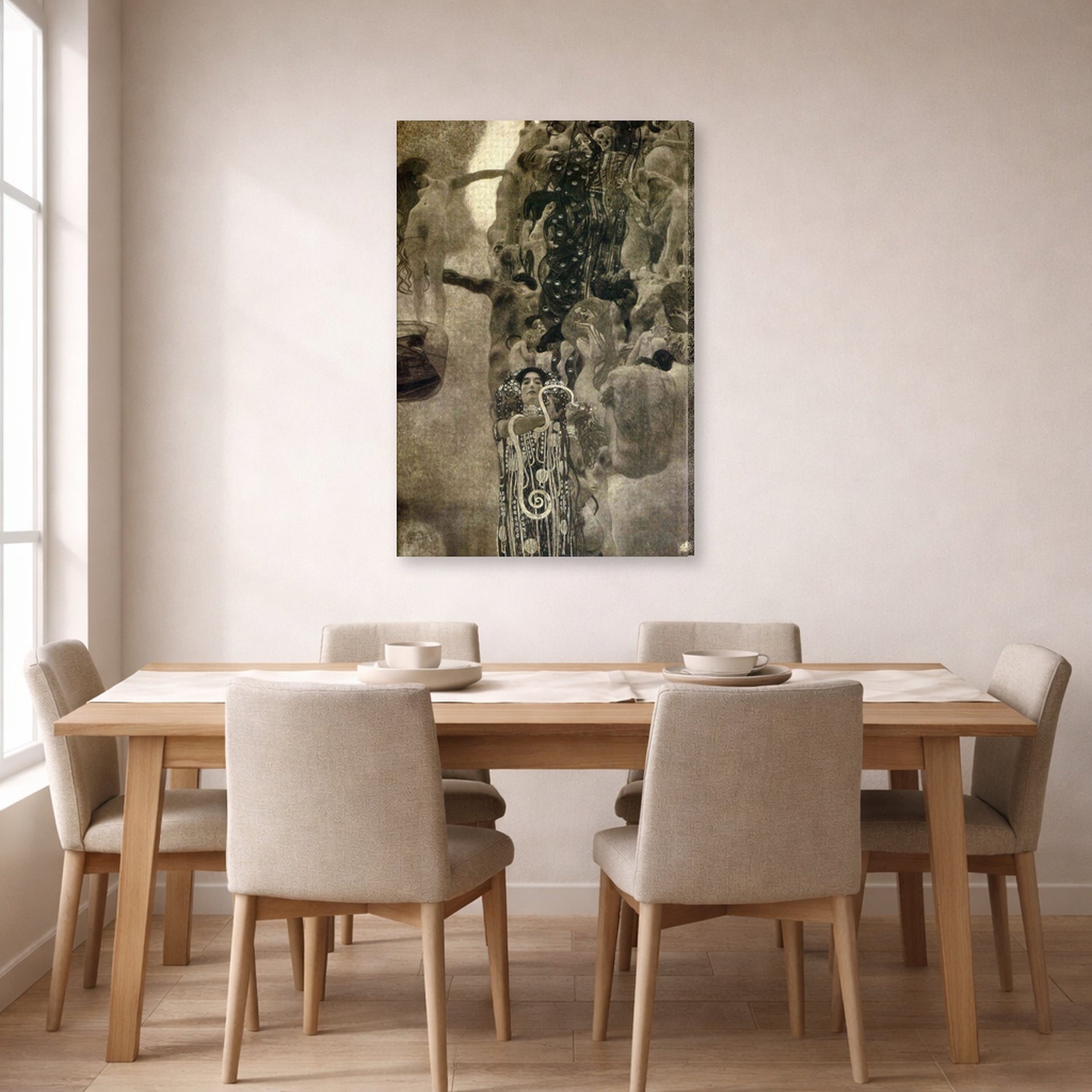 Gallery-wrapped canvas print of Gustav Klimt's 'Faculty Paintings' displayed on a wall in a dining room