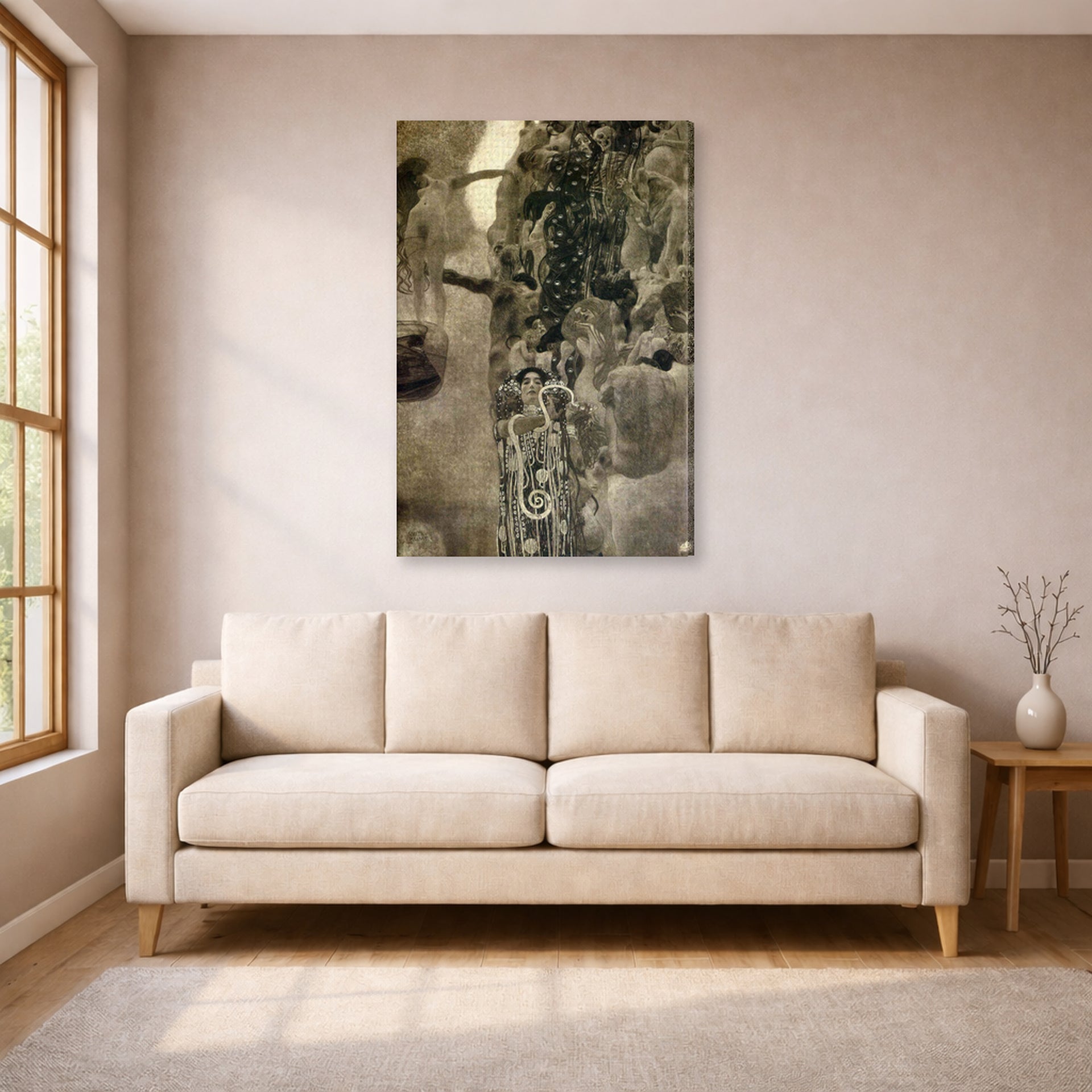 Gallery-wrapped canvas print of Gustav Klimt's 'Faculty Paintings' displayed on a wall in a living room (image 1 of 2)