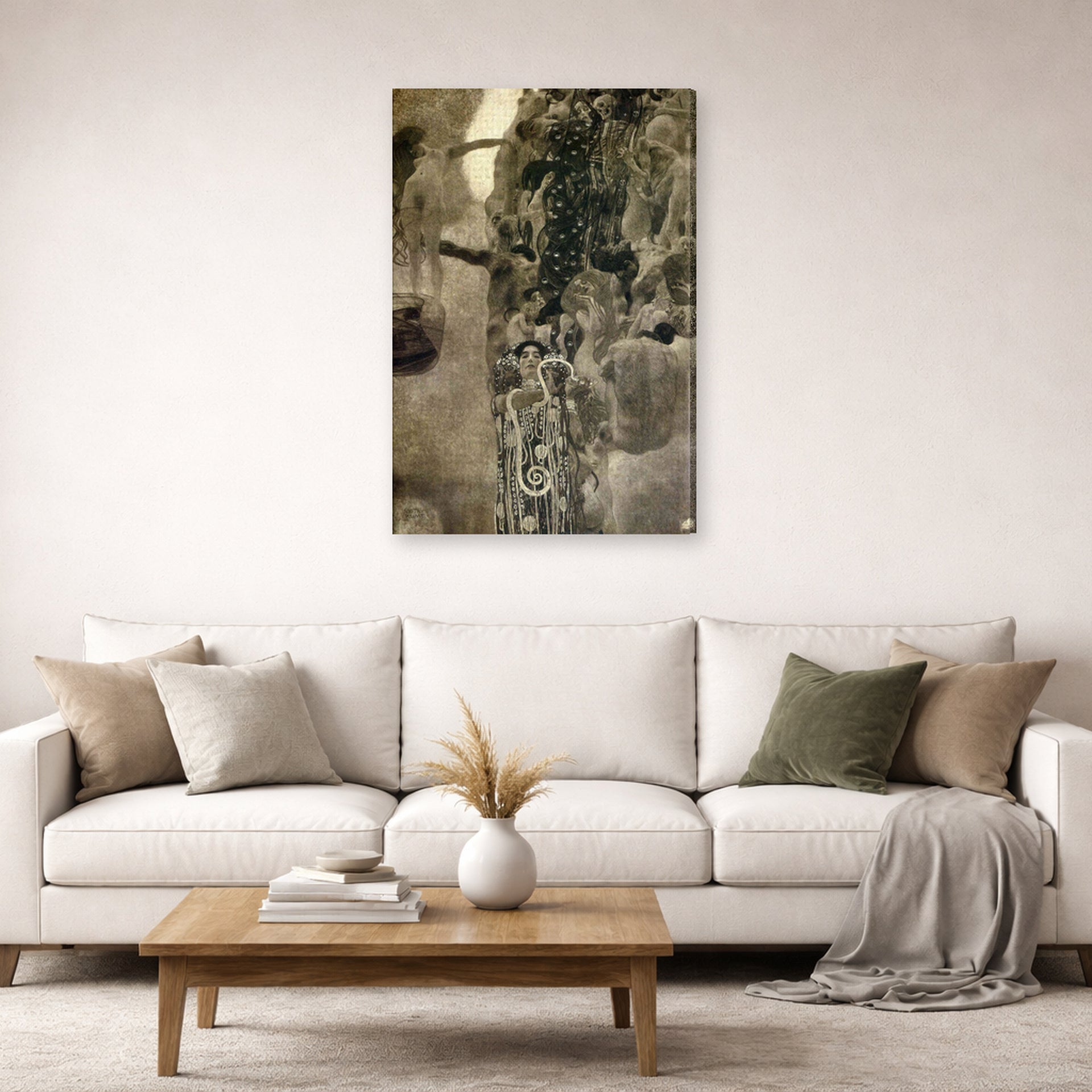 Gallery-wrapped canvas print of Gustav Klimt's 'Faculty Paintings' displayed on a wall in a living room (image 2 of 2)