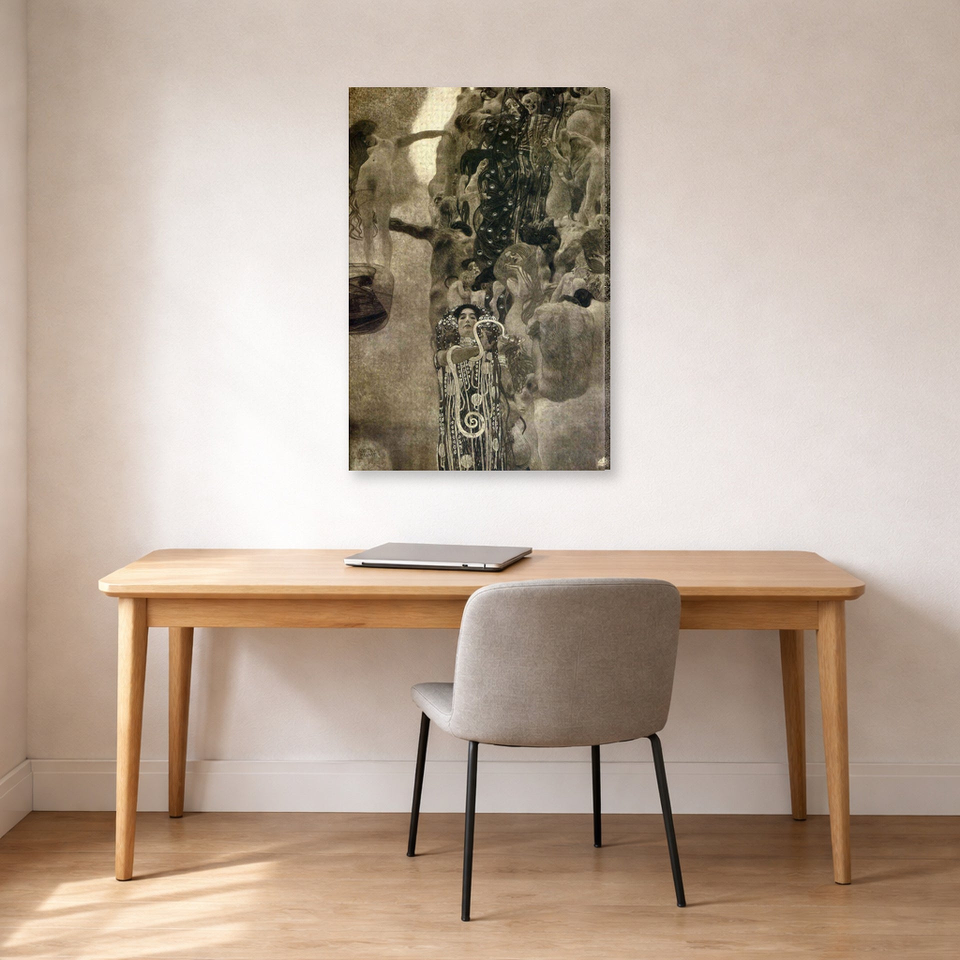 Gallery-wrapped canvas print of Gustav Klimt's 'Faculty Paintings' displayed on a wall in an office