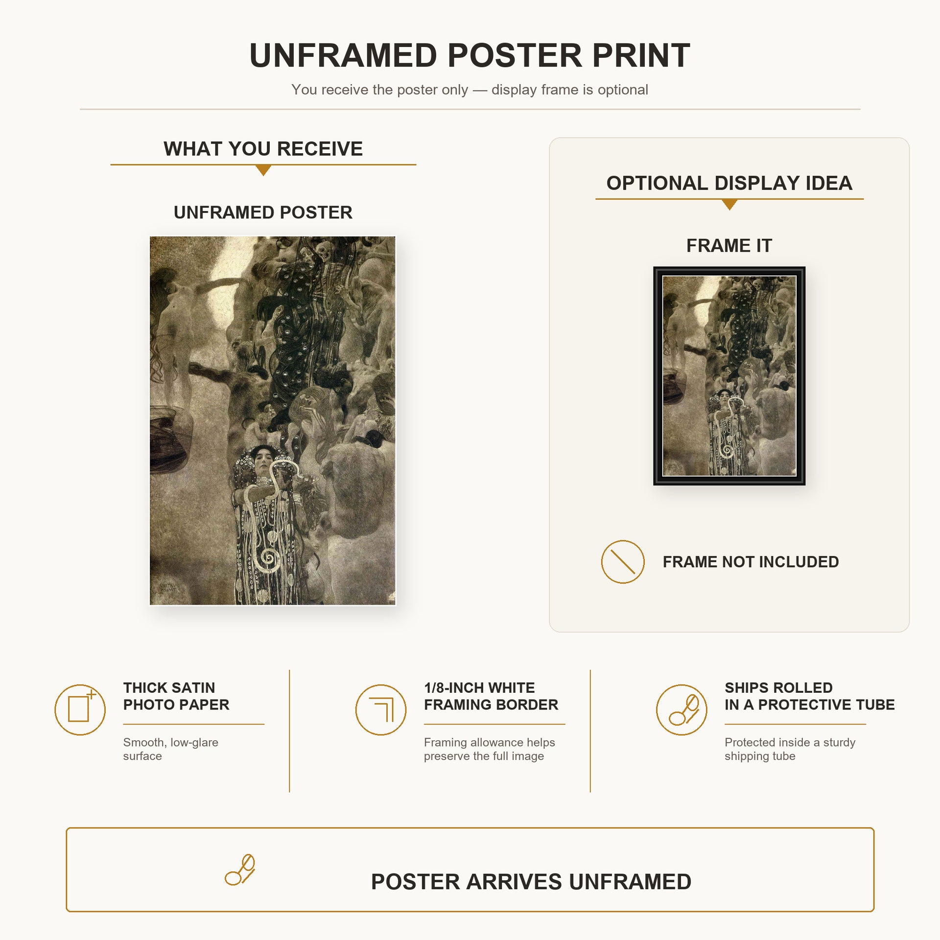 Gustav Klimt - Faculty Paintings poster print size comparison and framing display infographic