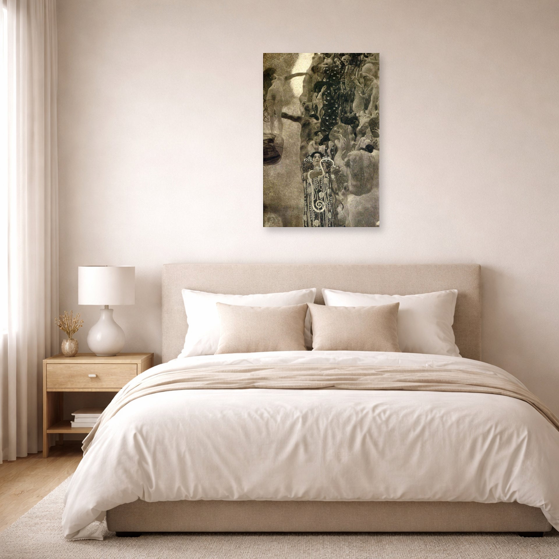 Unframed poster print of Gustav Klimt's 'Faculty Paintings' displayed on a wall in a bedroom