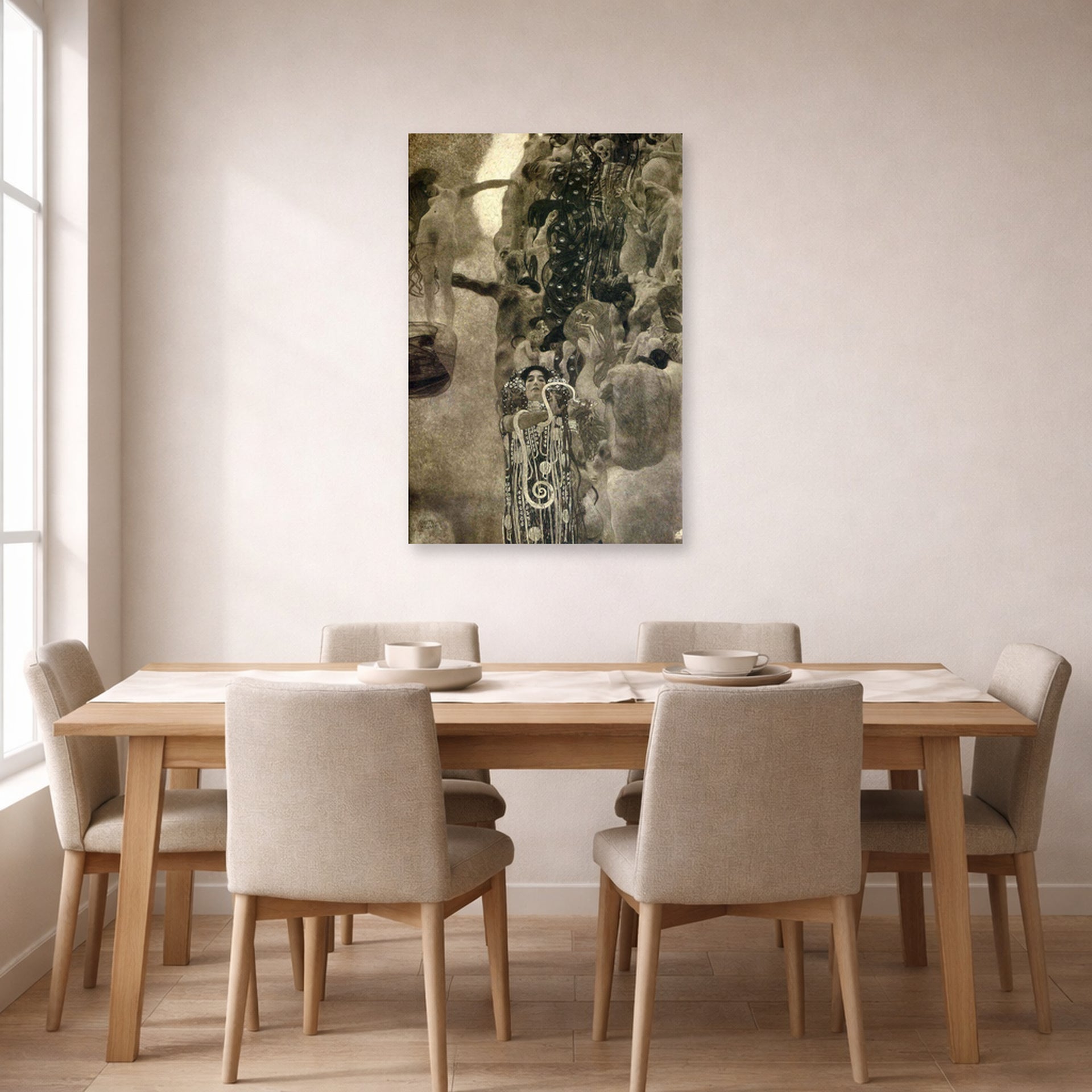 Unframed poster print of Gustav Klimt's 'Faculty Paintings' displayed on a wall in a dining room