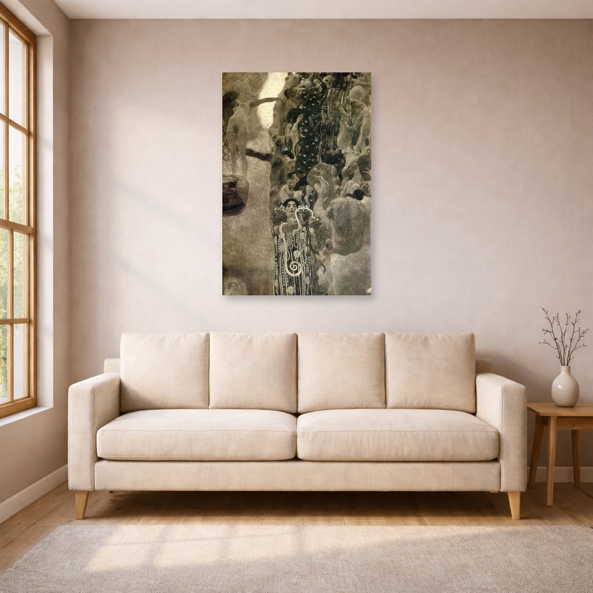 Unframed poster print of Gustav Klimt's 'Faculty Paintings' displayed on a wall in a living room (image 1 of 2)