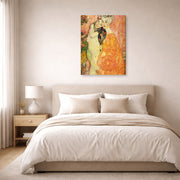 Gallery-wrapped canvas print of Gustav Klimt's 'Freundinnen' displayed on a wall in a bedroom