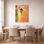 Gallery-wrapped canvas print of Gustav Klimt's 'Freundinnen' displayed on a wall in a dining room