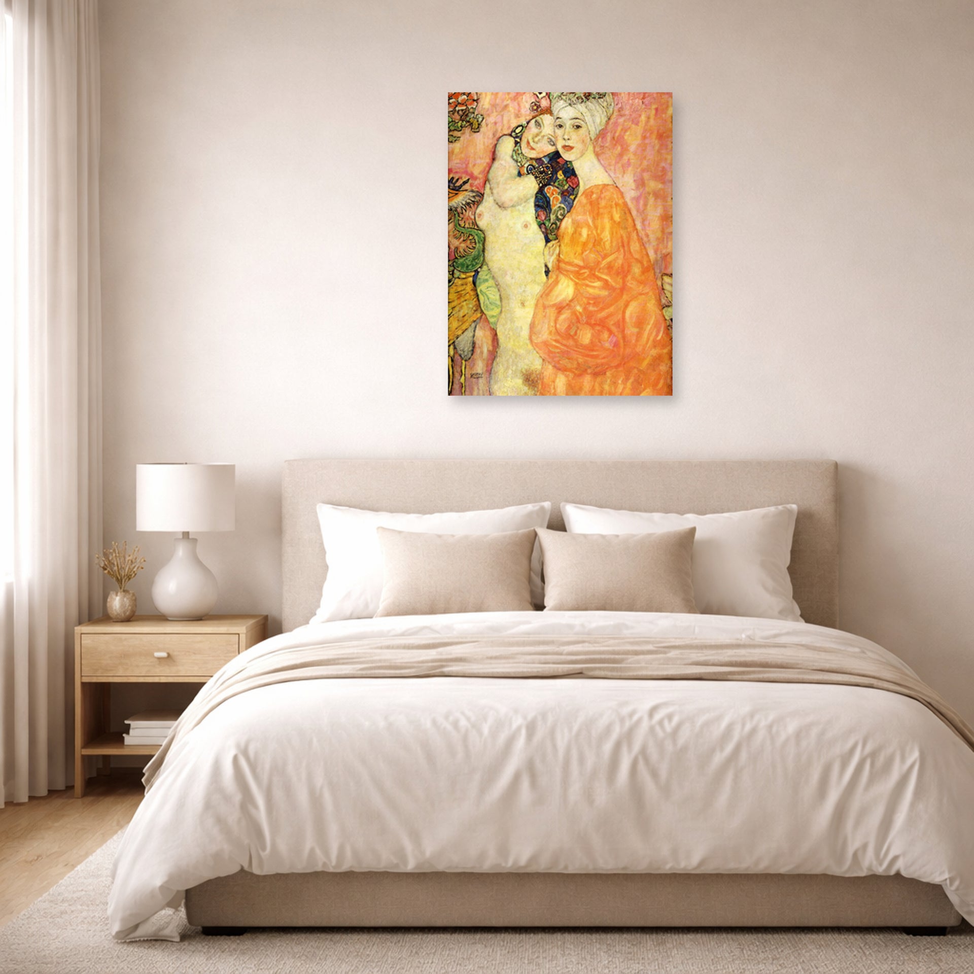 Unframed poster print of Gustav Klimt's 'Freundinnen' displayed on a wall in a bedroom
